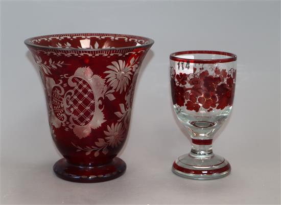 A Bohemian ruby flash cut glass vase and a glass tallest 16cm